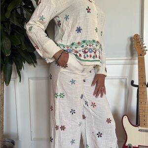 Zara White Jumpsuit with Colorful Floral Patterns